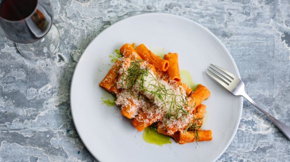 Rigatoni with vodka sauce, basil and parmesan at Brunetti Oro.