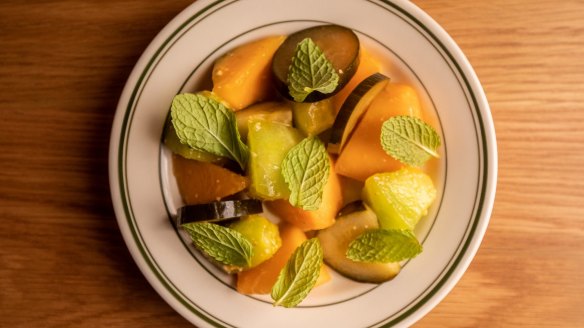 Smashed melons with orange kosho and mustard oil.