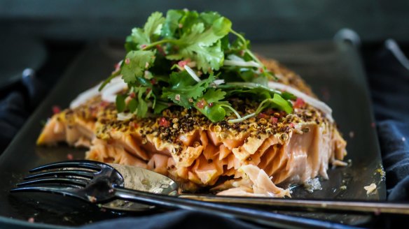 Coriander and mustard roasted salmon with coriander, finger lime and kohlrabi salad