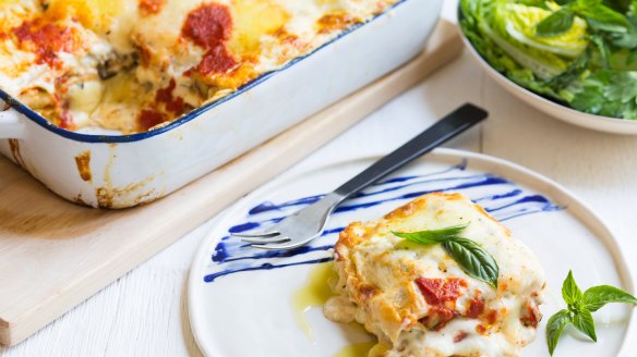 Karen Martini's summer vegetable lasagne is meat-free and built around the robust flavours of eggplant, tomato, basil and cheese, cheese, cheese! <a href="http://www.goodfood.com.au/recipes/summer-vegetable-lasagne-20160119-498af
"><b>(Recipe here).</b></a>
