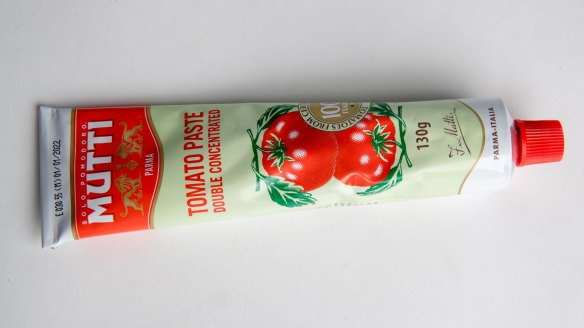 A tube of Mutti Double Concentrated tomato paste.