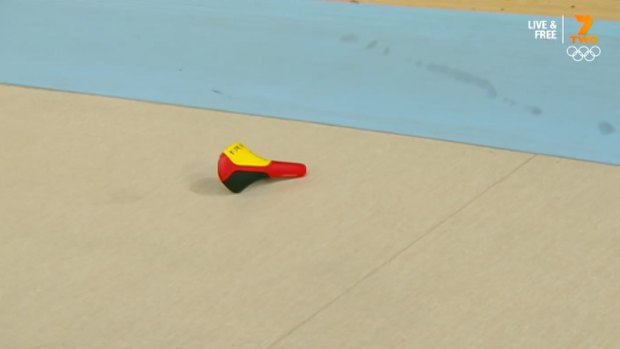 Vogel's seat sits on the track after coming loose close to the finish line in the sprints. 