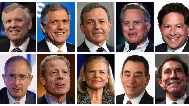 The top 10 highest paid CEOs in 2016: (top row, from left) Thomas Rutledge, Leslie Moonves, Robert Iger, David Zaslav, Robert Kotick. (bottom row, from left) Brian Roberts, Jeffrey Bewkes, Virginia Rometty, Leonard Schleifer, Stephen Wynn.