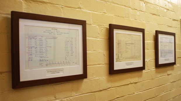 The scorecards of England's victories at the venue in 1928 and 1971 in the SCG away changeroom.