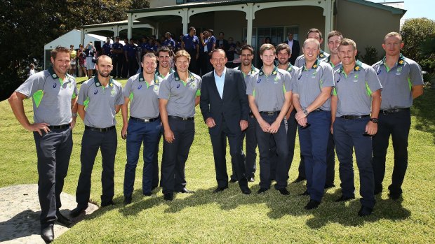 My boys: Tony Abbott with the Australians at Kirribilli House.
