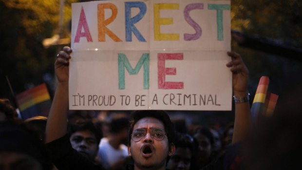 An Indian gay rights activist at a 2013 protest after the country's top court ruled a law criminalising homosexuality would remain in effect.