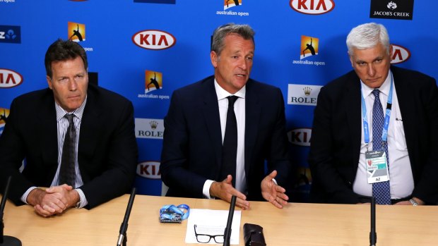 ATP chairman Chris Kermode, centre, with Tennis Integrity Unit head Nigel Willerton and ATP vice chairman Mark Young, speaking at a press conference about match-fixing at the Australia Open.