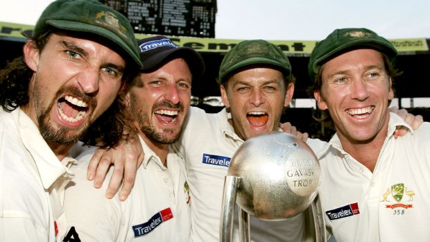 Rare occurrence: The Australians celebrate their series win in India in 2004.