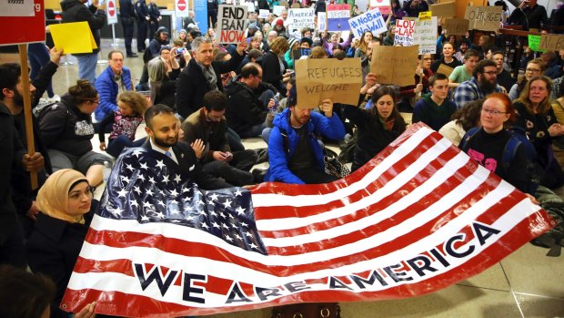 A demonstration against Donald Trump's executive order on immigration at Seattle-Tacoma International Airport.