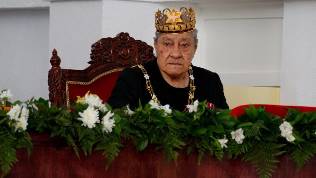 Queen Mother Halaevalu Mata'aho at the Free Wesleyan Church, Tonga, during the official coronation ceremony of King Tupou VI in 2015.