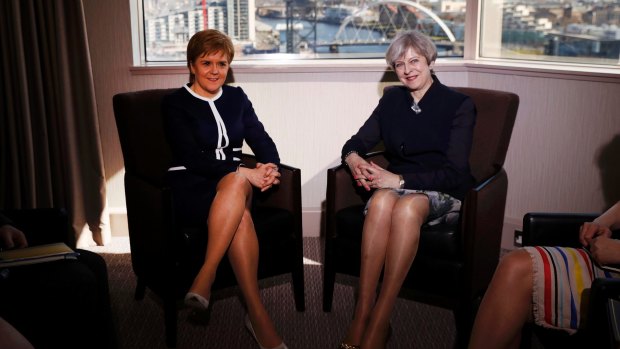 British Prime Minister Theresa May meets with Scottish First Minister Nicola Sturgeon on March 27.