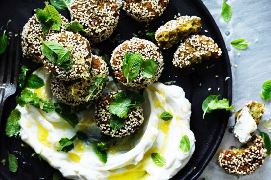 Neil Perry's broad bean falafels with mint labna.