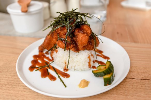 Musubi topped with panko-crumbed, deep-fried chicken.