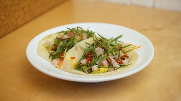 Steamed pancake layered with omelette, vegetables and herbs, with a caramel-tamari sauce.
