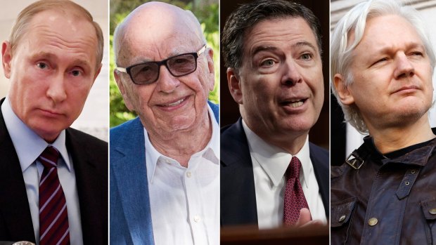 The men Hillary Clinton believes colluded against her: Vladimir Putin, Rupert Murdoch, former FBI chief James Comey and Julian Assange.