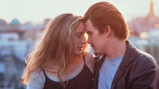Julie Delpy and Ethan Hawke in <i>Before Sunrise</i>.