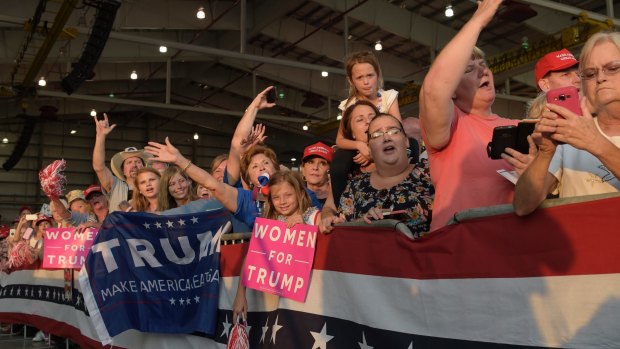 People wait for the arrival of President Donald Trump at his "Make America Great Again Rally" in Florida, in their safe space. 