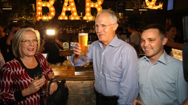 Prime Minister Malcolm Turnbull his wife Lucy and local member Wyatt Roy on a campaign stop at the Sandstone Point Hotel.