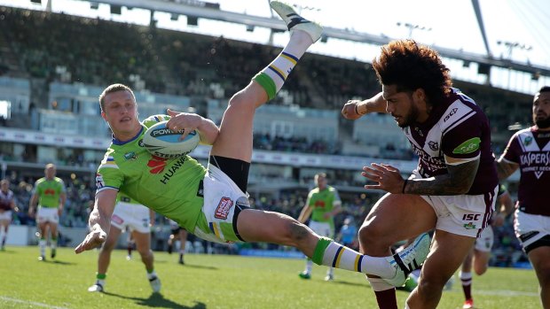Cleared: Jorge Taufua was found not guilty of a shoulder charge for this collision with Raiders fullback Jack Wighton.
