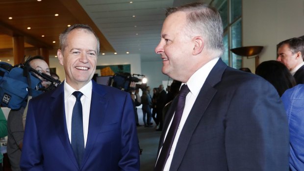 Opposition Leader Bill Shorten with senior Labor MP Anthony Albanese on Monday.