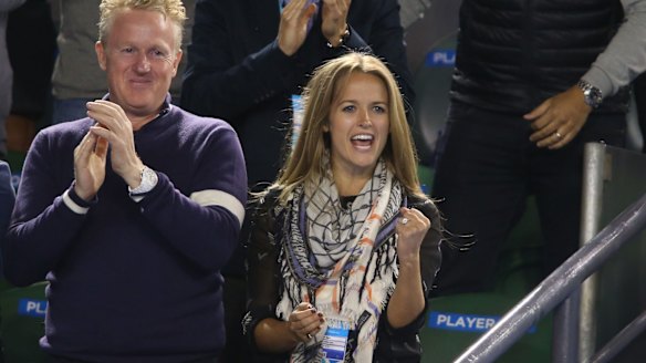 All over: Kim Sears celebrates after Andy Murray's victory.