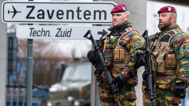 Belgian soldiers patrol at Zaventem Airport in Brussels this week.