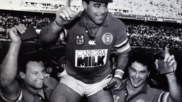 Glory days: Bradley Clyde, right, with Laurie Daley and Mal Meninga after Canberra's 1994 grand final triumph.