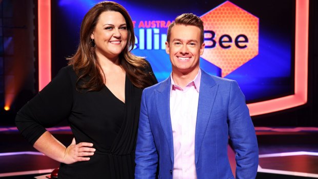Softening the blow: The Great Australian Spelling Bee hosts Chrissie Swan and Grant Denyer.
