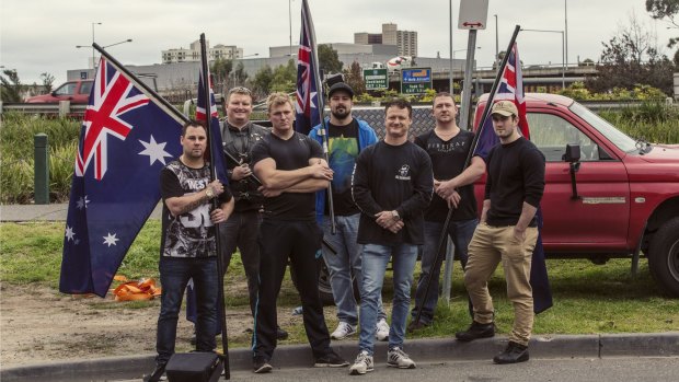 Members of the United Patriots Front, including Neil Erikson (middle), will take their anti-Islam fight to Bendigo on Saturday.  