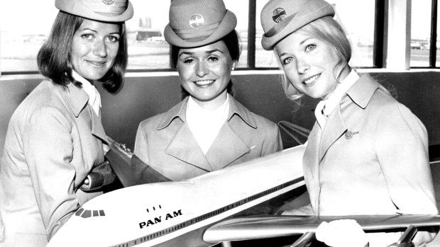 Three Pan Am fight attendants in Sydney on September 27, 1970 to promote the arrival of the first Boeing 747 to fly in Australian skies the following week.