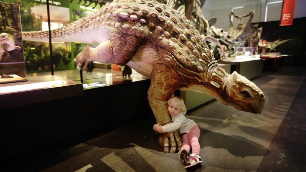 Three-year-old Adele Jermey and friend at the Australian Museum. Children will soon be able to visit the museum for free.