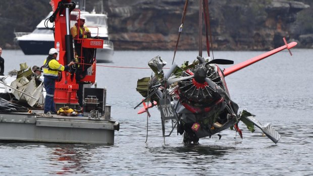 The wreckage of the seaplane is recovered from Jerusalem Bay, north of Sydney, early this month.