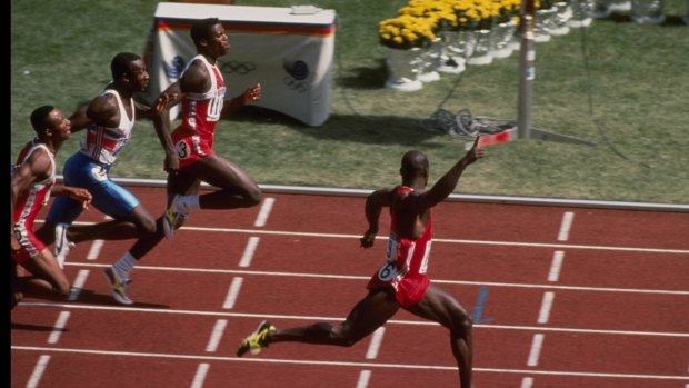 Disgraced: Ben Johnson streaks across the finish line at the 1988 Summer Games in Seoul.
