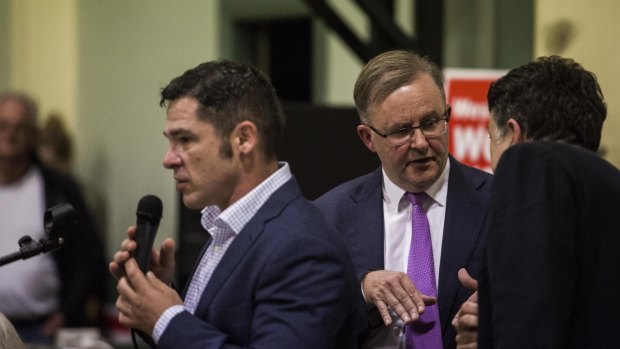 Greens candidate Jim Casey and Labor's Anthony Albanese at a Stop WestConnex meeting at Balmain.