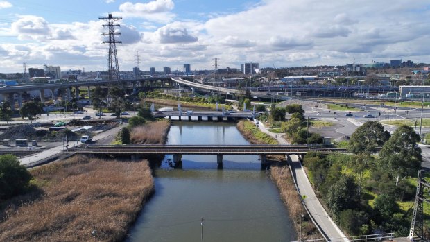 Moonee Ponds Creek between Dynon and Footscray roads, the location for a spaghetti junction. 
