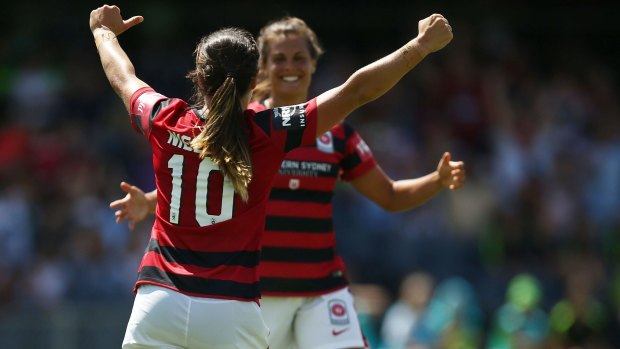 Wanderers striker Katie Stengel celebrates the winning goal against Canberra United.
