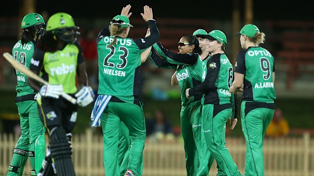 Melbourne Star Alana King celebrates the wicket of West Indian import Stafanie Taylor during the clash with Thunder