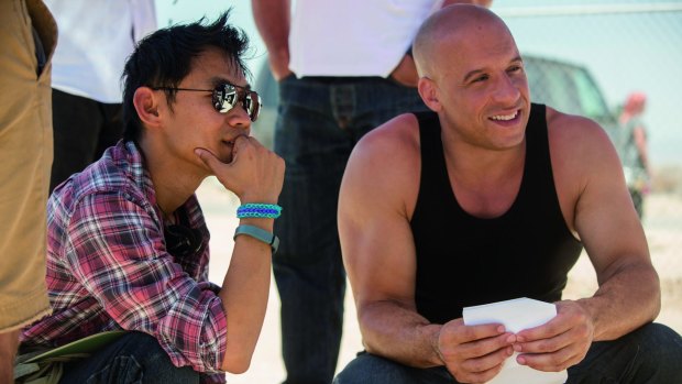 Director James Wan and Vin Diesel on the set of 