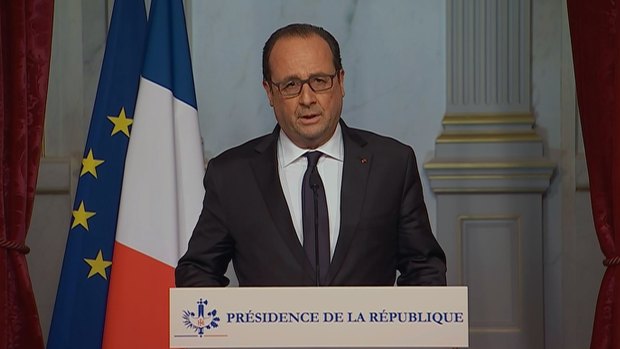 French television pool shows French President Francois Hollande making an emergency broadcast on Friday evening.