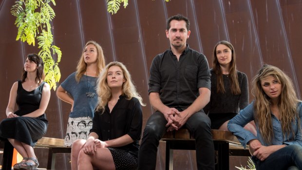 Director Matthew Lutton and the cast of Picnic at Hanging Rock (from left) Arielle Gray, Harriet Gordon-Anderson, Nikki Shiels, Elizabeth Nabben and Amber McMahon. 