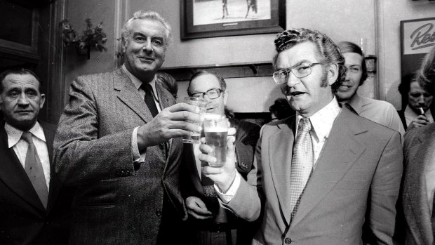 Gough Whitlam and Bob Hawke having a beer in the Trade Hall Hotel in 1974