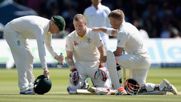 Concern: Chris Rogers slumps to the ground at Lord’s.