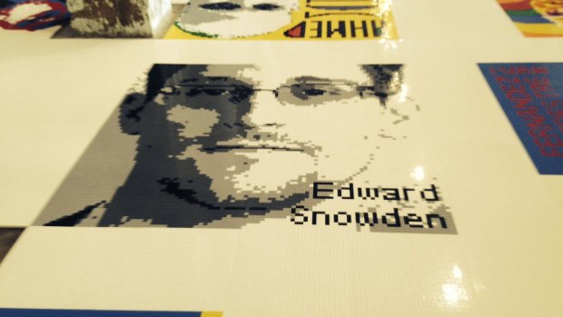 Former NSA contractor Edward Snowden, who leaked classified information and fled to Russia, is depicted in Legos in Ai Weiwei's exhibition, "Large".