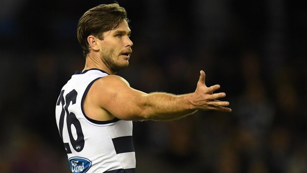 Frustrated: Geelong's Tom Hawkins will miss the crucial game against Richmond.