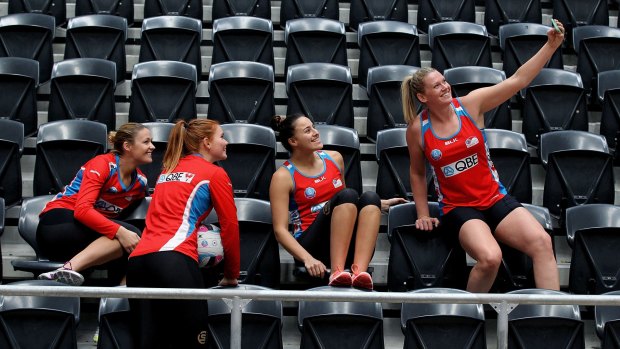 Selfie respect: Swifts players Susan Pettitt, Amy Sommerville, Stephanie Wood and Caitlin Thwaites relax before their final against the Vixens.