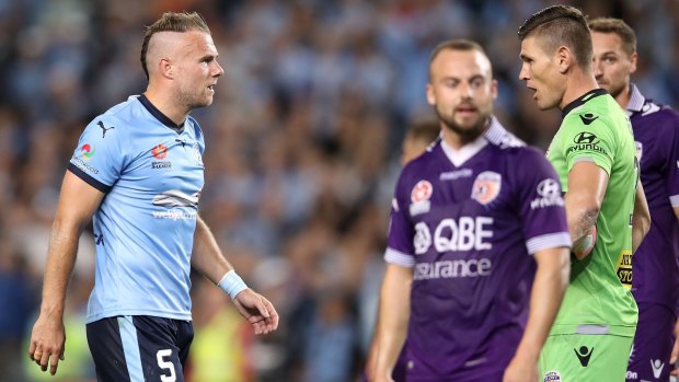 Heated: Sydney's Jordy Buijs and Glory goalkeeper Liam Reddy didn't see eye-to-eye during the A-League preliminary final. 