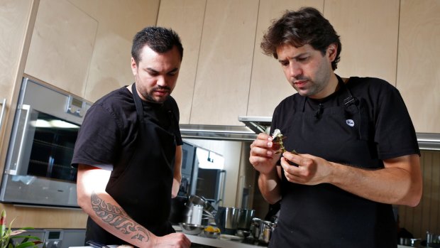 Ben Shewry of Attica, right, and his sous chef Peter Gunn at their experimental Test Kitchen.