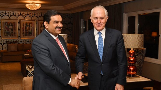 Prime Minister Malcolm Turnbull meets with India's Adani Group founder and chairman Gautam Adani in New Delhi earlier this month.