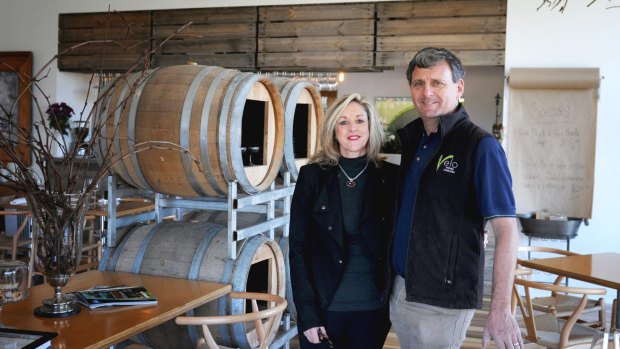 Barrels of fun: Mary and Michael Wilson at their Tamar Valley winery.