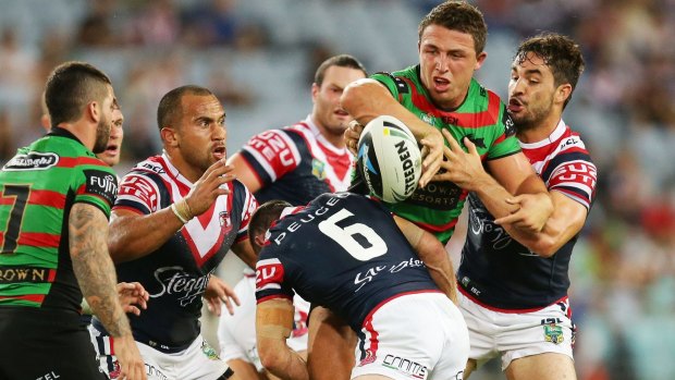 Back with a bang: Rabbitohs superstar Sam Burgess will return to the NRL in a Sunday afternoon blockbuster against the Roosters on March 6.  